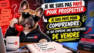 Bouledogue à lunettes tenant un téléphone rouge, entouré de questions sur le ciblage, l’offre et le marché, pour comprendre les freins à la vente.