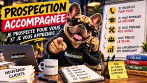 Bouledogue à lunettes tenant un téléphone devant un tableau présentant les étapes de la prospection accompagnée.